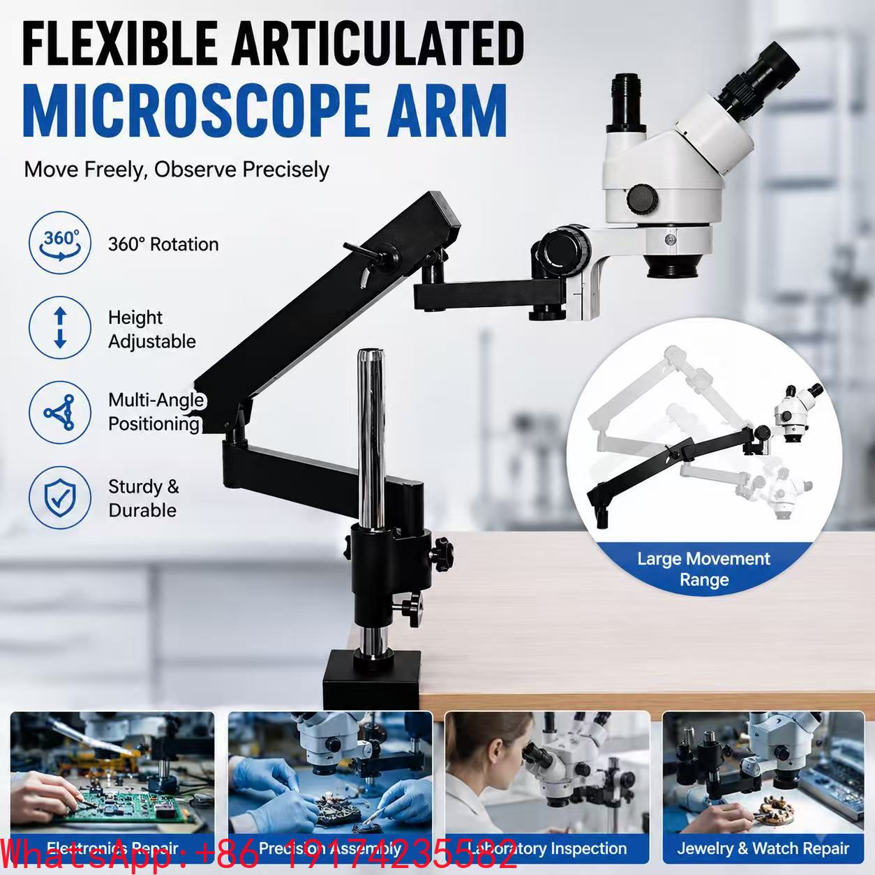 Articulating Arm Boom Stand Microscope - ขาตั้งกล้องจุลทรรศน์สเตอริโอแบบสามตา พร้อมแขนปรับทิศทางได้ ยืดหยุ่น ปรับมุมได้กว้าง สำหรับงานซ่อมแซมและศัลยกรรมสัตว์เลี้ยง